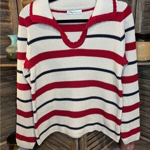 Red and Cream Striped V-Neck Sweater 100% cotton
